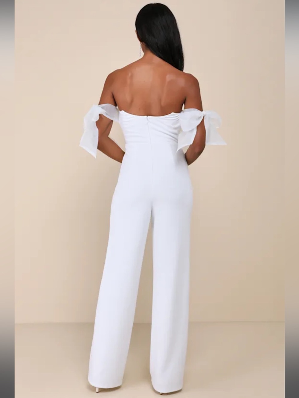 NWT-Pristine Aura White Tie-Strap Off-the-Shoulder Jumpsuit - Picture 2 of 16